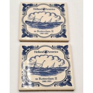 Holland American Cruise Line ms Rotterdam Blue Delft Coaster Tiles w/Cork Set 2